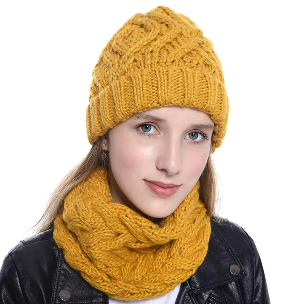 26hat and scarf Шапка и шарф 2019Top Женская двухсекционная однотонная вязаная шапка сохраняющая тепло шейный платок зимняя шапка - Цвет: 26hat and scarf