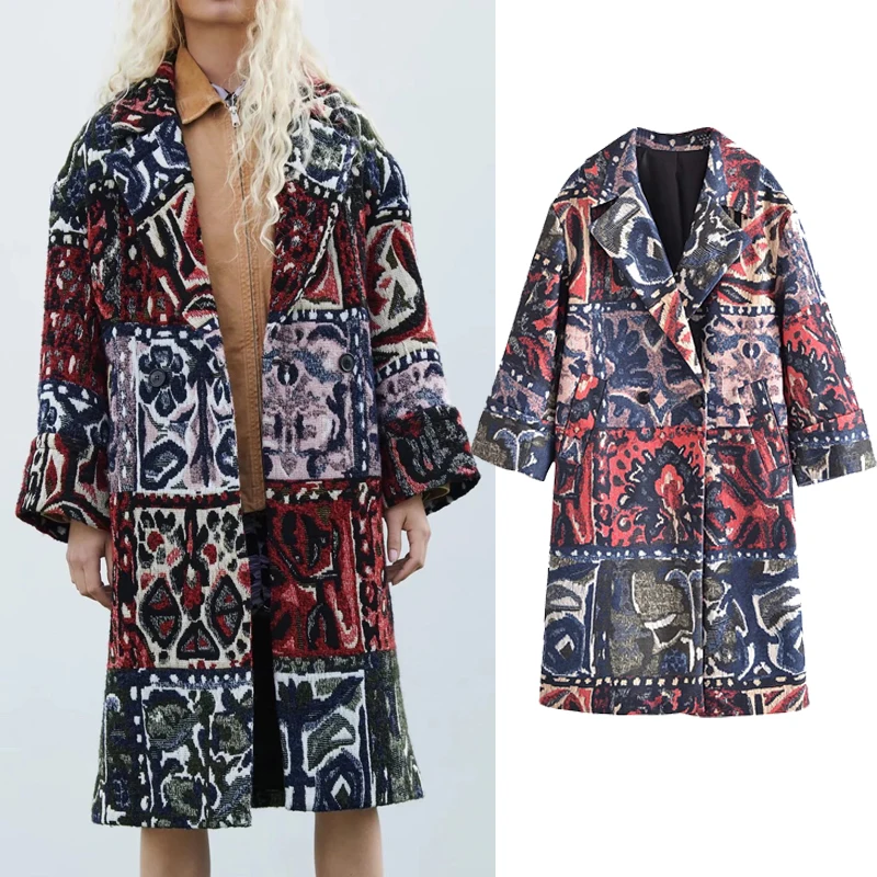 

YMQL Winter Coat For Women Za 2021 Jacquard Long Coats Woman Vintage Double Breasted Long Sleeve Warm Autumn Coat