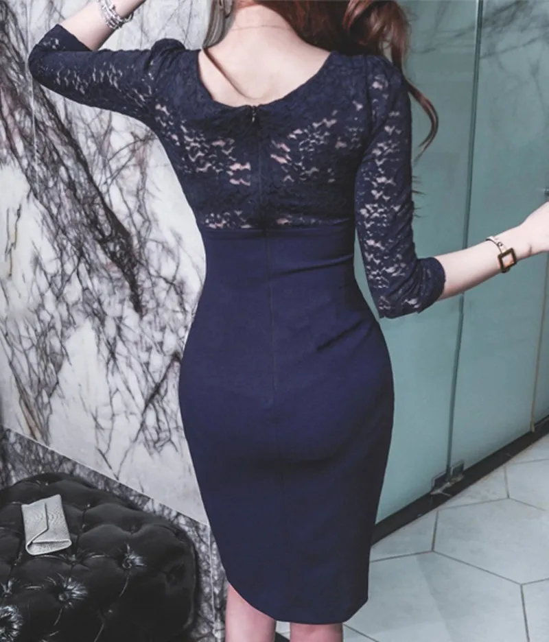 

2021 Spring Lace Patchwork Pencil Dress Lace Women Sheath Dresses Business Work Bodycon Vestidos