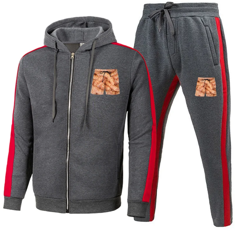 

Bacon Print Sets Tracksuit Men Autumn Winter Hooded Sweatshirt Drawstring Outfit Sportswear Male Suit Pullover Two Piece Set Cas