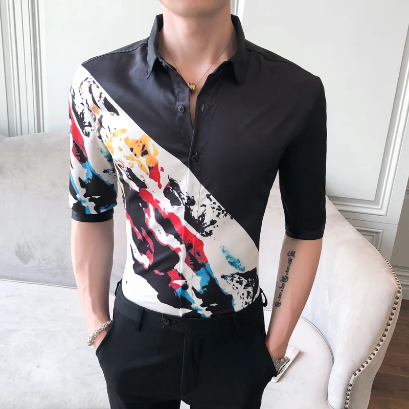 

Loldeal Men Middle-Sleeve Shirts British Style Slim Colorblock Printing Polyester Button