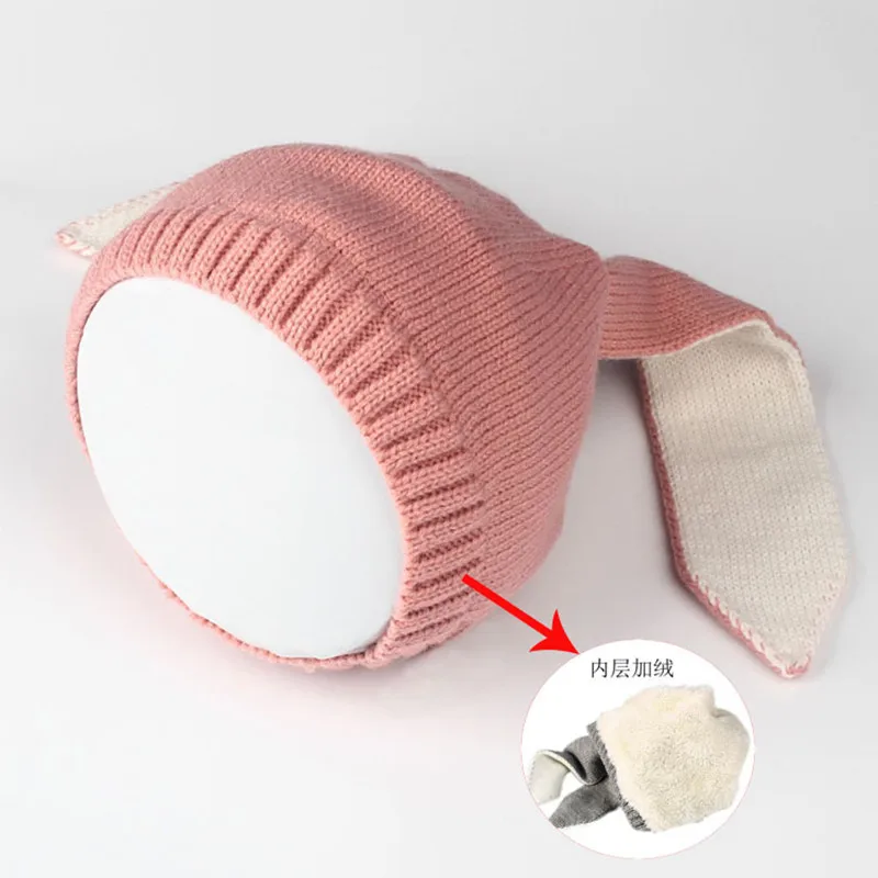 pink with velvet Детская шапка утепленная детская шапка осень-зима длинные уши кроликов уши вязаная шапка детская шляпа из шерсти - Цвет: pink with velvet