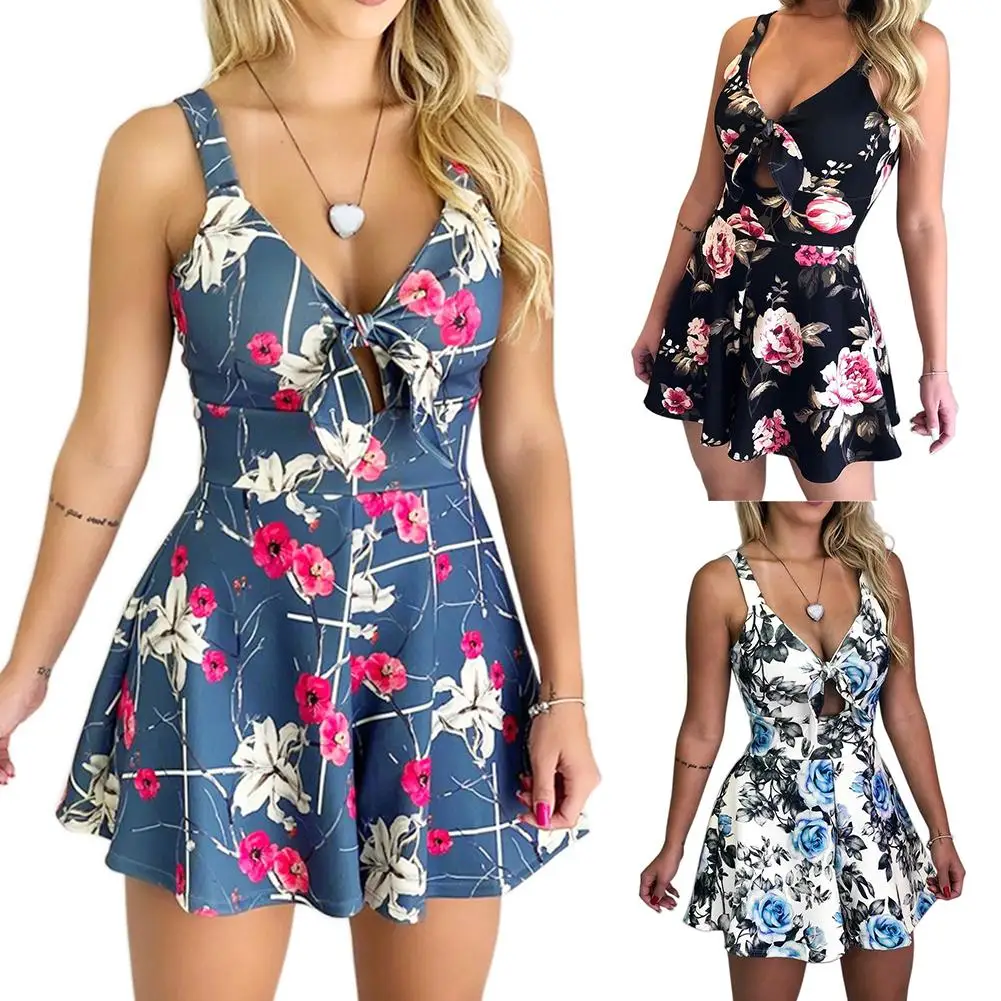 

Women Sexy Playsuit Sleeveless Bow Floral Print Waist Tight Jumpsuit Romper Soft and lightweight fabric V Neck jumpsuit