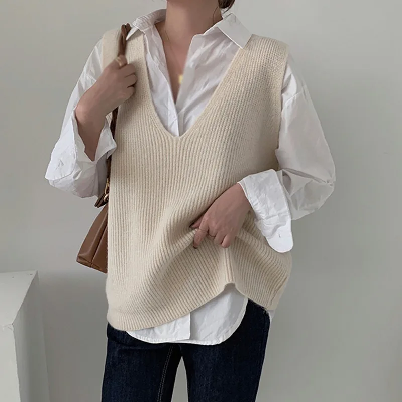 

Women Sweater Vest Spring Autumn Korean Sleeveless V-Neck Solid Color Casual Loose Knitted Tank Pullover Top Clothes
