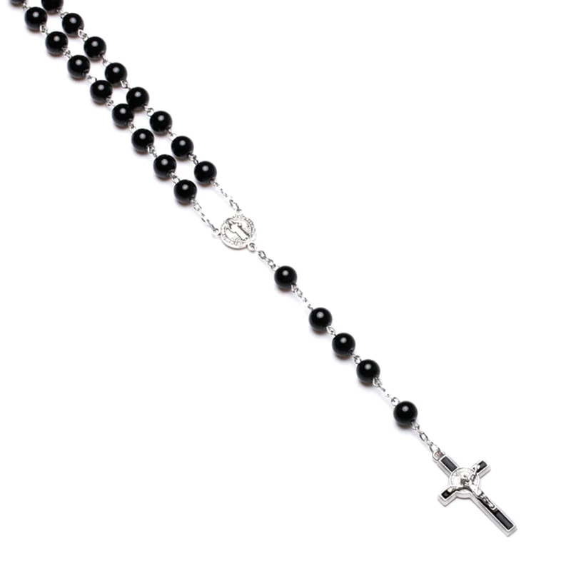 

449C Black Glass Christ Jesus Cross Religious Necklace Catholic Rosary Necklace Church Souvenirs Prayer Pendant Necklace