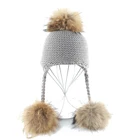 Зимняя шапка для детей, шапка с помпоном из натурального меха норки и енота, Детская шерстяная вязаная шапка для девочек и мальчиков, Детские шапочки с ушами, облегающие шапки