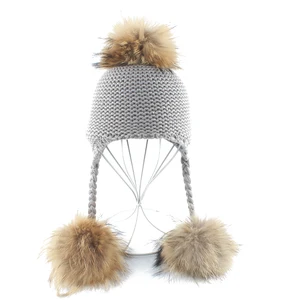 Зимняя шапка для детей, шапка с помпоном из натурального меха норки и енота, Детская шерстяная вязаная шапка для девочек и мальчиков, Детские шапочки с ушами, облегающие шапки