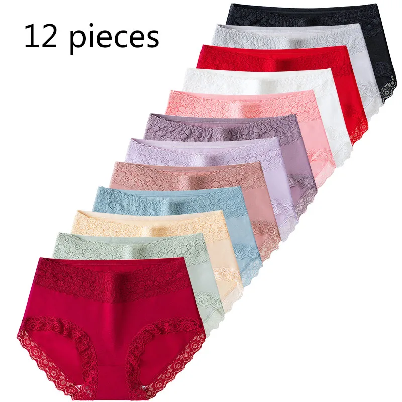 12 pieces  Cotton Women's Underwear Cute Sexy Comfortable Soft Lace Panties Seamless Girl Briefs Flingerie Large Size SALE