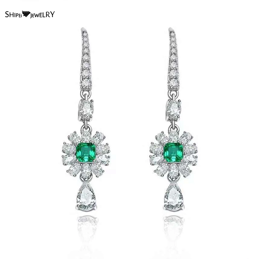 

Shipei 925 Sterling Silver Emerald Created Moissanite Gemstone Wedding Party Elegant Dangle Earrings Lady Fine Jewelry Wholesale