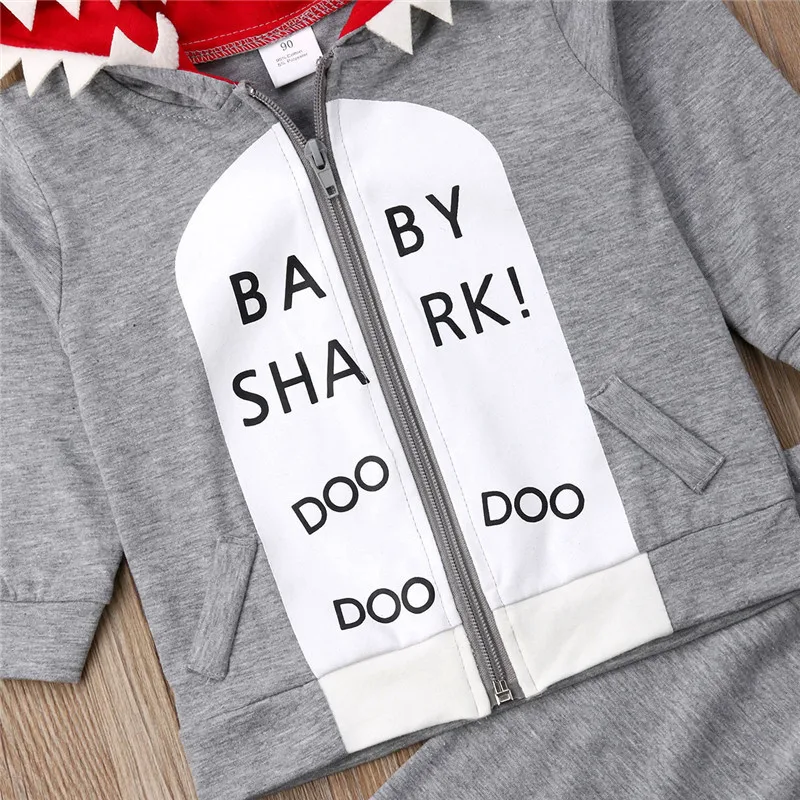 Fashion Toddler Kids Baby Boy Clothes Shark Zipper Hoodie Coat Tops Pants Gray 2Pcs Outfits Set