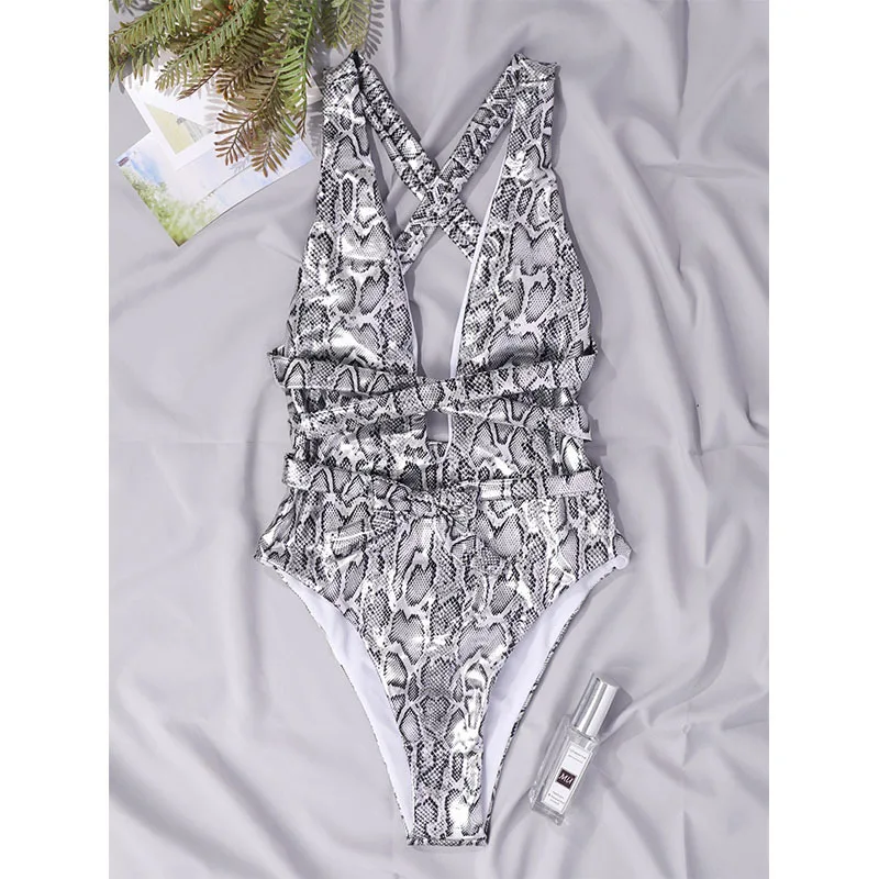 

European and American New Bikini Women's Sexy Swimsuit Printing Snake Pattern Open Back Tight Bikini Suit Swimming Suit for Hig