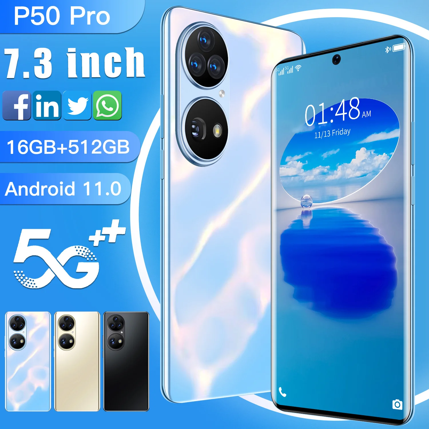 

New Arrival P50 Pro 7.3 Inch Large Screen Andriod 11.0 Smart Phone 16+512GB 32+64MP Fingerprint Face ID 8000mAh 5G Mobilephones