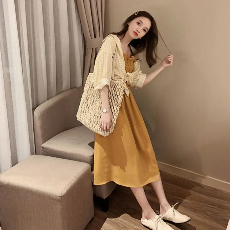 Женские комплекты из блузки в клетку и эластичного платья на груди лето 2019| |