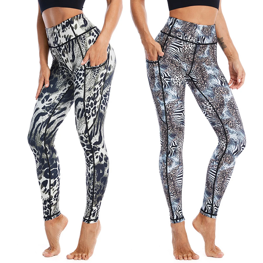 

Штаны спортивные женские, леопардовые, леггинсы с высокой талией и принтом, с карманами, для тренировок, Женские легинсы для занятий фитнесо...