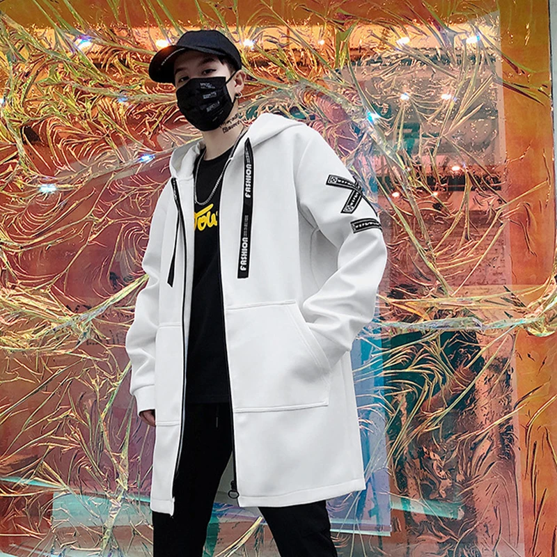 

Winter Slim Long Trench Coat Men Letter Print Military Style Hooded Overcoat Black Hip Hop Streetwear Autumn Korean Male Jacket