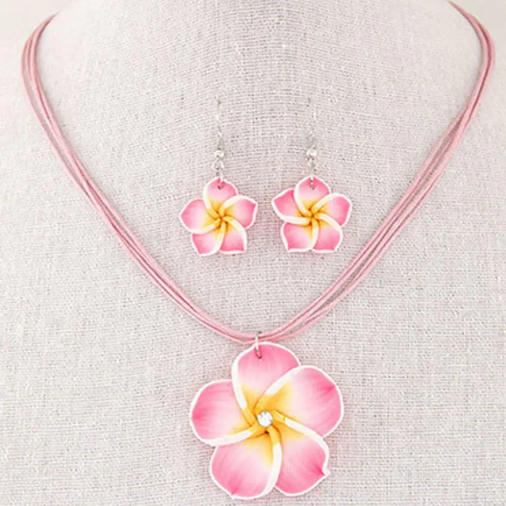 

Hawaii Plumeria Flowers Jewelry Sets Polymer Clay Sweet Earrings Necklace Pendant Elegant Colorful Flower Necklace Earring Set