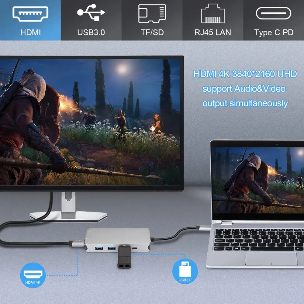9 в 1 Тип C на HDMI/RJ45/HDMI 4K концентратор USB/SD/TF многофункциональная док-станция для Macbook Pro samsung S9 thunderbolt 3 USB C
