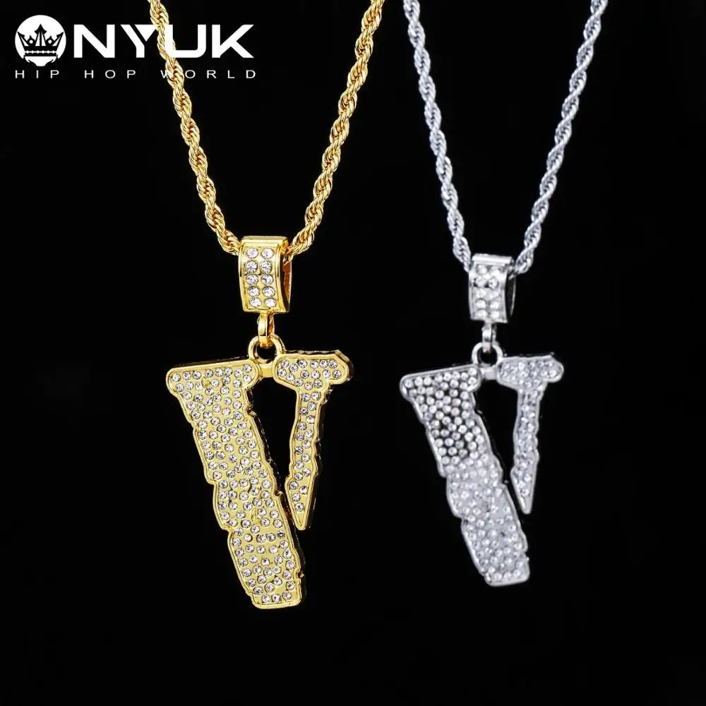 NYUK Полный CZ Iced Out Bling Charm V письмо мужское ожерелье хип хоп цепь s Подвески панк рок