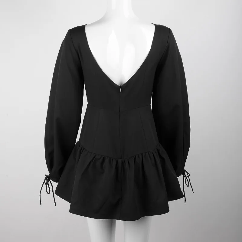 

Women Autumn Vintage Party O Neck Solid Black Dress Casual Mini Ruffled A-line Sundress Lantern Sleeve Backless Y2k Dress 2021