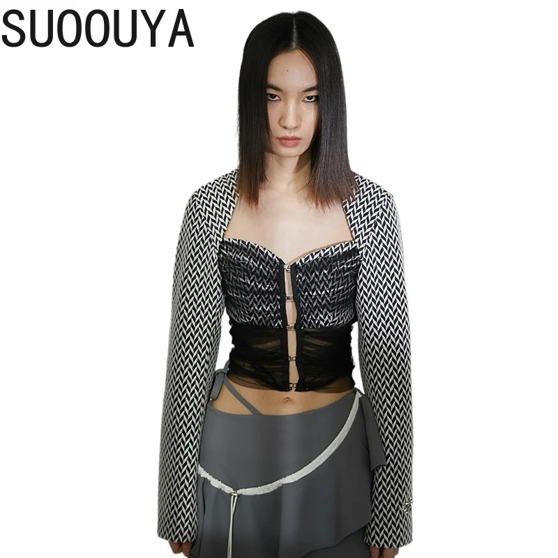 

[SUOOUYA] Vintage Plaid LooseSquare Collar Long Sleeve Mesh Abstract Pattern Jacket New Women Coat Fashion Spring Female 2021