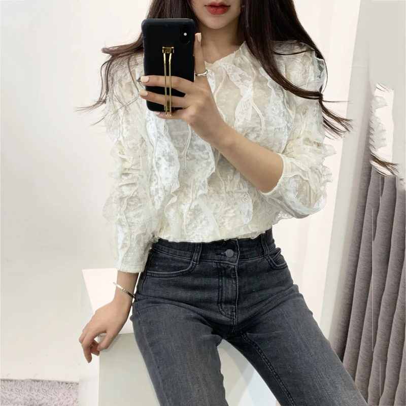 RealShe кружевная женская блузка с круглым вырезом и длинным рукавом однотонная