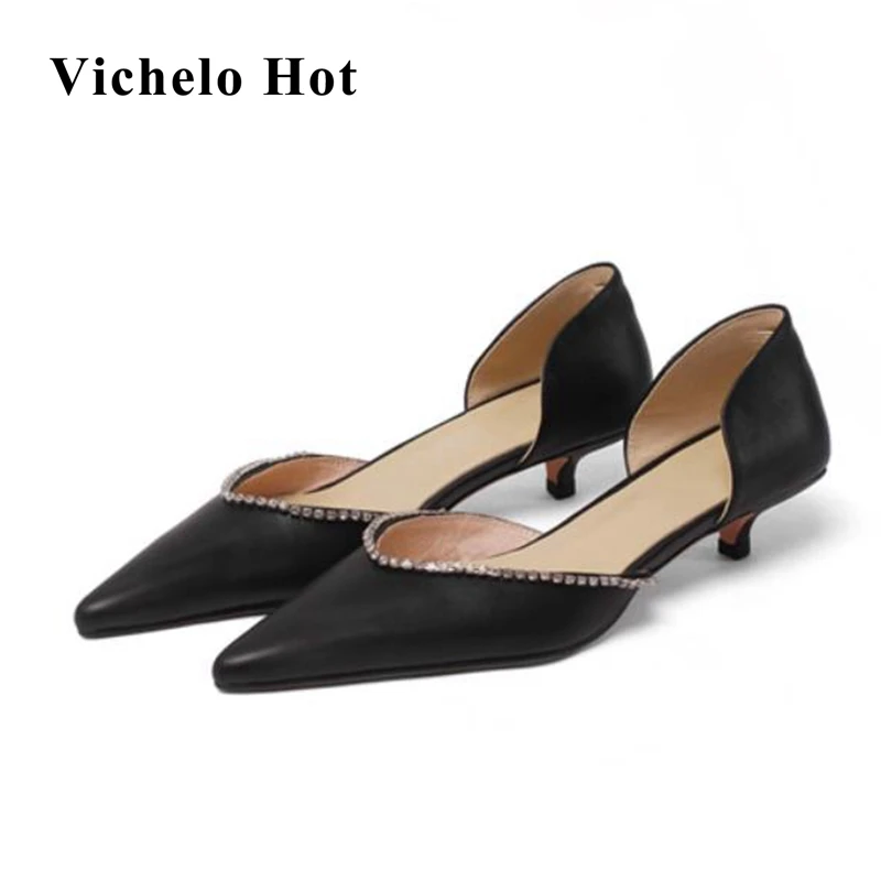 

Женские летние туфли-лодочки Vichelo, модные туфли из натуральной кожи с острым носком, на среднем каблуке, без застежек, Украшенные бусинами, L65