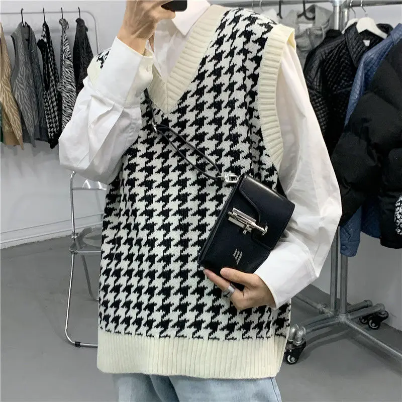 Spring Plaid Sweater Vest Men Korean Fashion Loose Casual Pullover Harajuku Streetwear Knitted Sleeveless | Мужская одежда