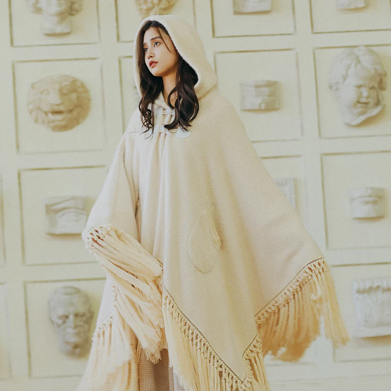 Fall Women Autumn Winter Bohemian Oversized Tassel Hooded Cloak Ladies Sweet Thick Warm Casual Loose Long Coats ropa mujer