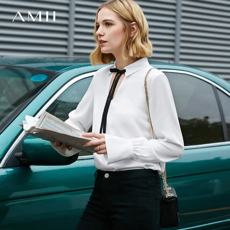 Женская офисная блузка Amii белая с длинным рукавом и бантом-фонариком 11930044 |