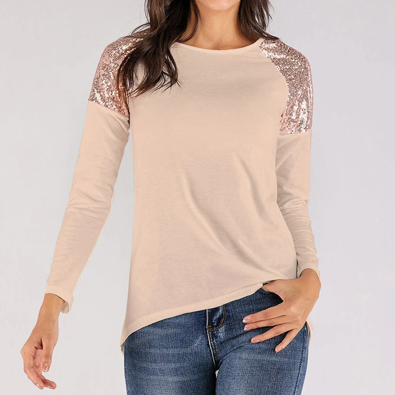 Модная Осенняя футболка для женщин топ с блестками круглый вырез Blusa длинным рукавом Женские топы женские футболки WS5024V