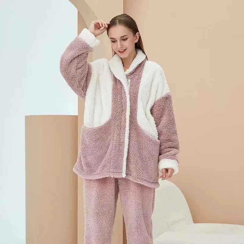 Winter Thick Warm Pajamas Sets For Women Coral Fleece 2 Pieces/Set Sleepwear Casual Loose Loungewear Homewear Home Suit