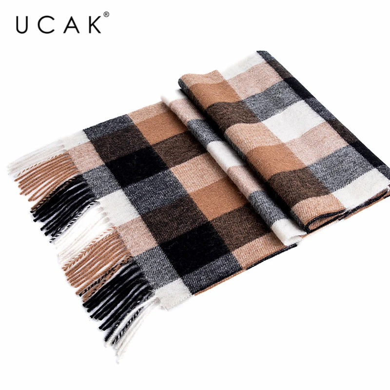 UCAK Brand Autumn Winter Warm Scarfs Soft Men Women Casual Plaid Pure Wool Scarf Shawl Wrap Knit Long Striped With Tassel A20