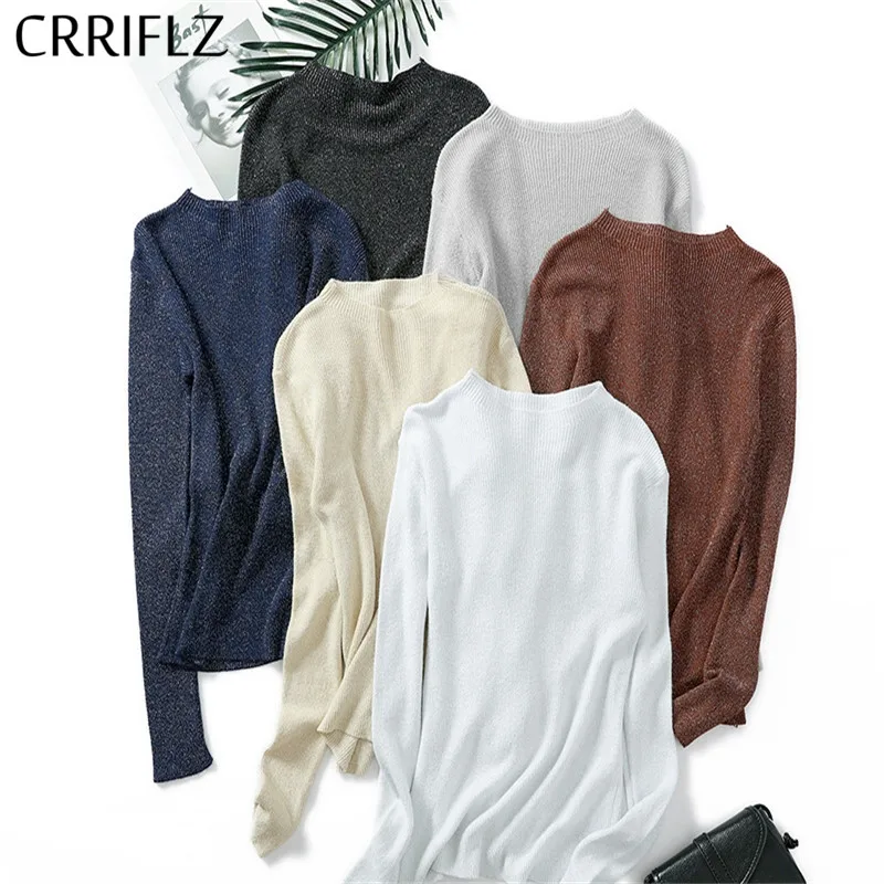 Knitted Women Sweater Solid Pullover Sexy Gold Silver New Round Neck Long Sleeve Autumn Winter Female Casual | Женская одежда