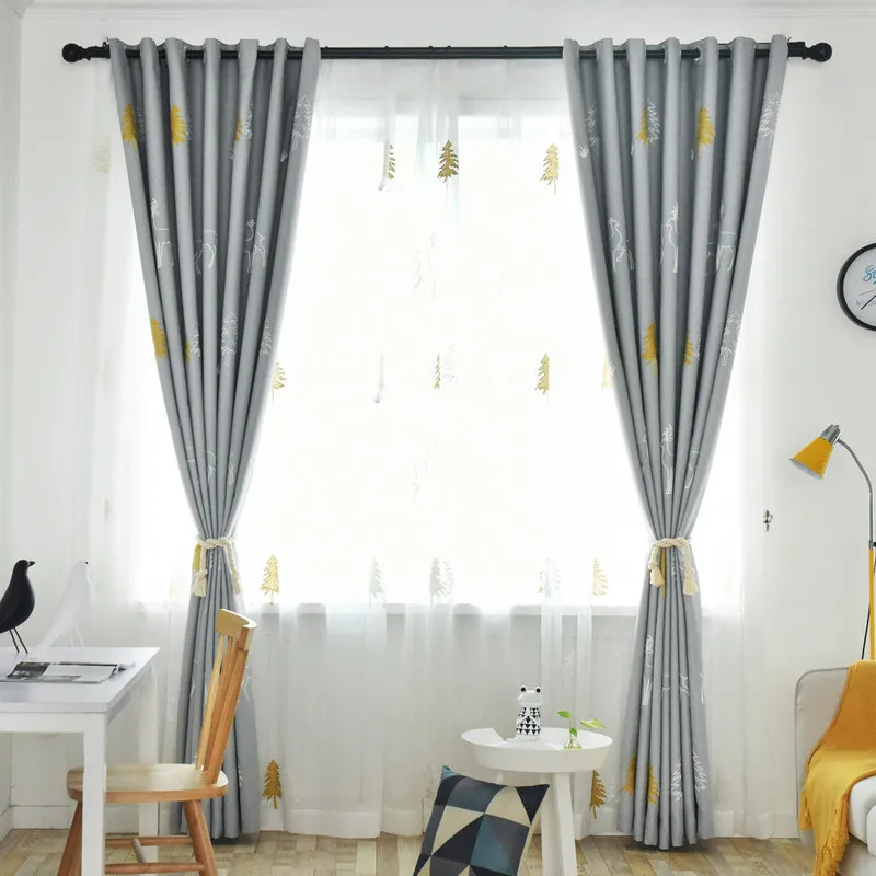 

Gray Navy Curtains for Living Room Dining Bedroom Pastoral Elk Embroidery Shading Curtains Screens Christmas Curtains
