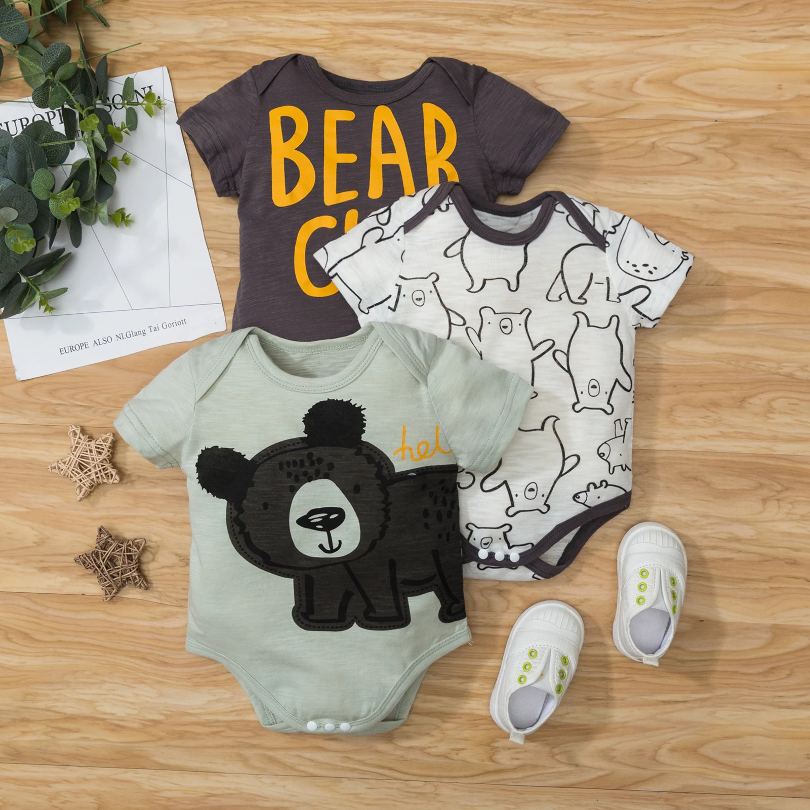 

Summer Baby's Bodysuit 3Pcs Cartoon Animal Letter Print Short Sleeve Round Neck Romper for Photography Birthday Party