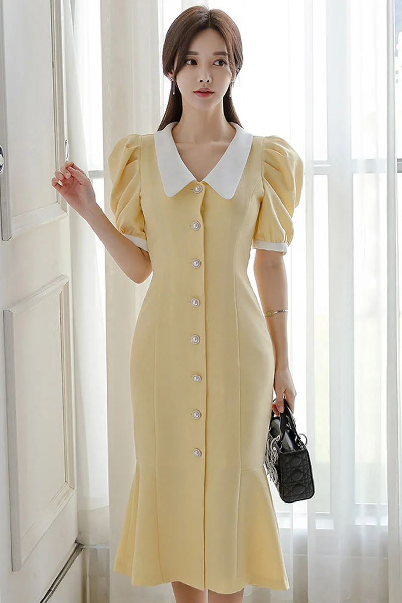 

Summer women clothing 2020 new French slim V-neck waist mid-length retro puff sleeve fishtail dress