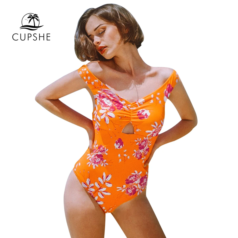 CUPSHE неоновый оранжевый Цветочный с открытыми плечами Цельный купальник женский