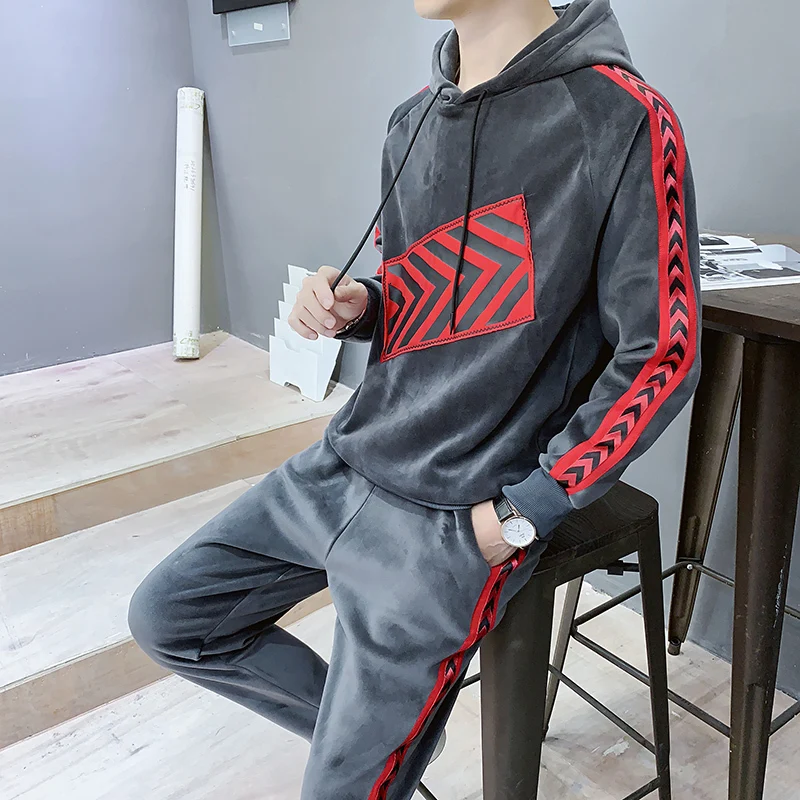 Moda Hombre 2019 Ropa комплект с толстовкой 2 предмета топ + штаны Мужская черная хлопковая