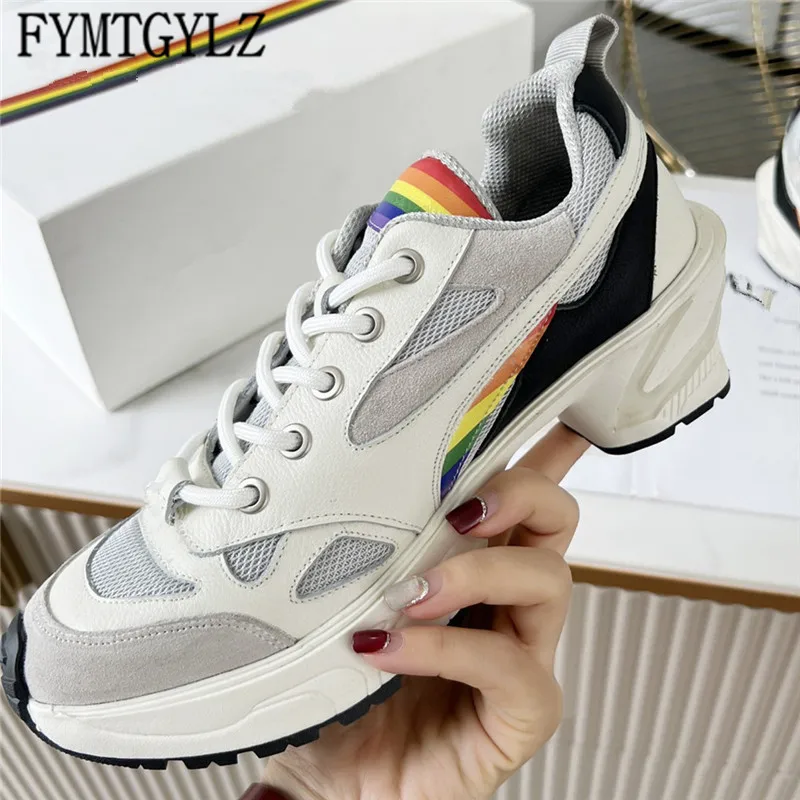 

FYMTGYLZ 2022 Spring Catwalk Women Shoes Cowhide Mesh Upper Thick Bottom Increase Women Sneakers Daddy Shoes High Heel Sneakers