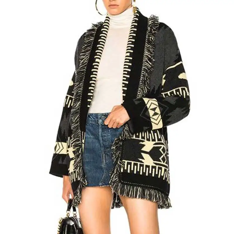 Black Geometro Cardigan Women Long Sleeve Fringe Collar Cardigan Coat Winter New Warm Knitted Cardigan Sweater Coat Oversize