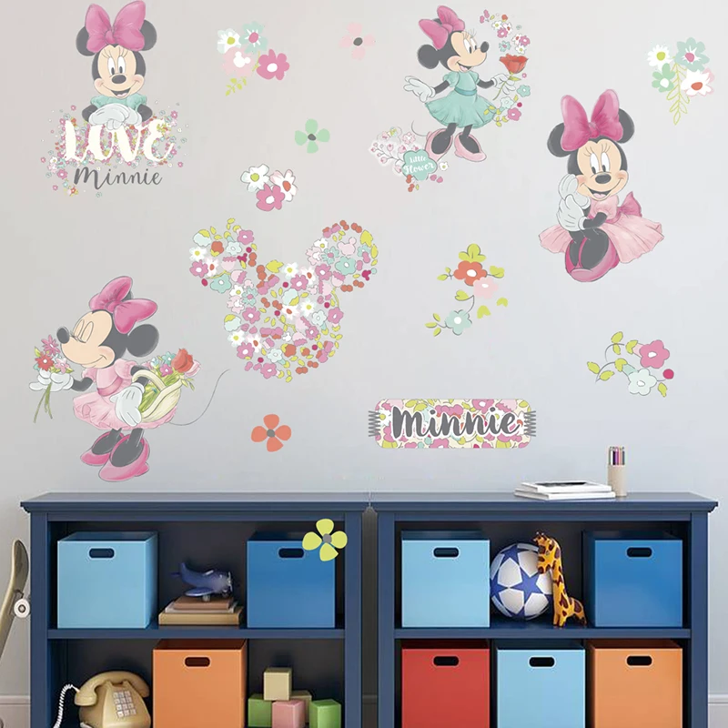 Милые стикеры на стену с изображением Минни из Диснея и цветов для девочек декор