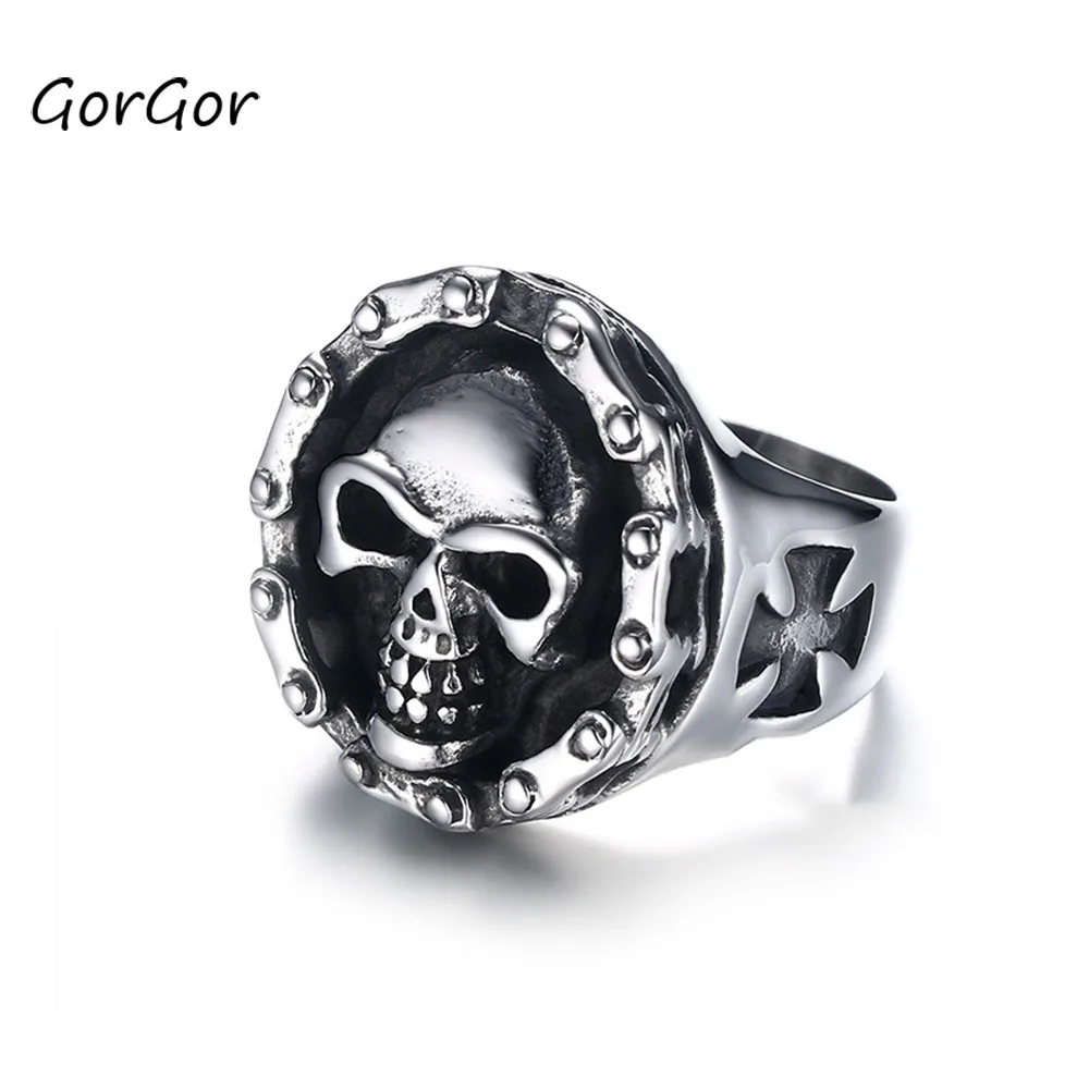GorGor кольца Для мужчин Титан Сталь узор Круглый привидения с головкой в стиле панк