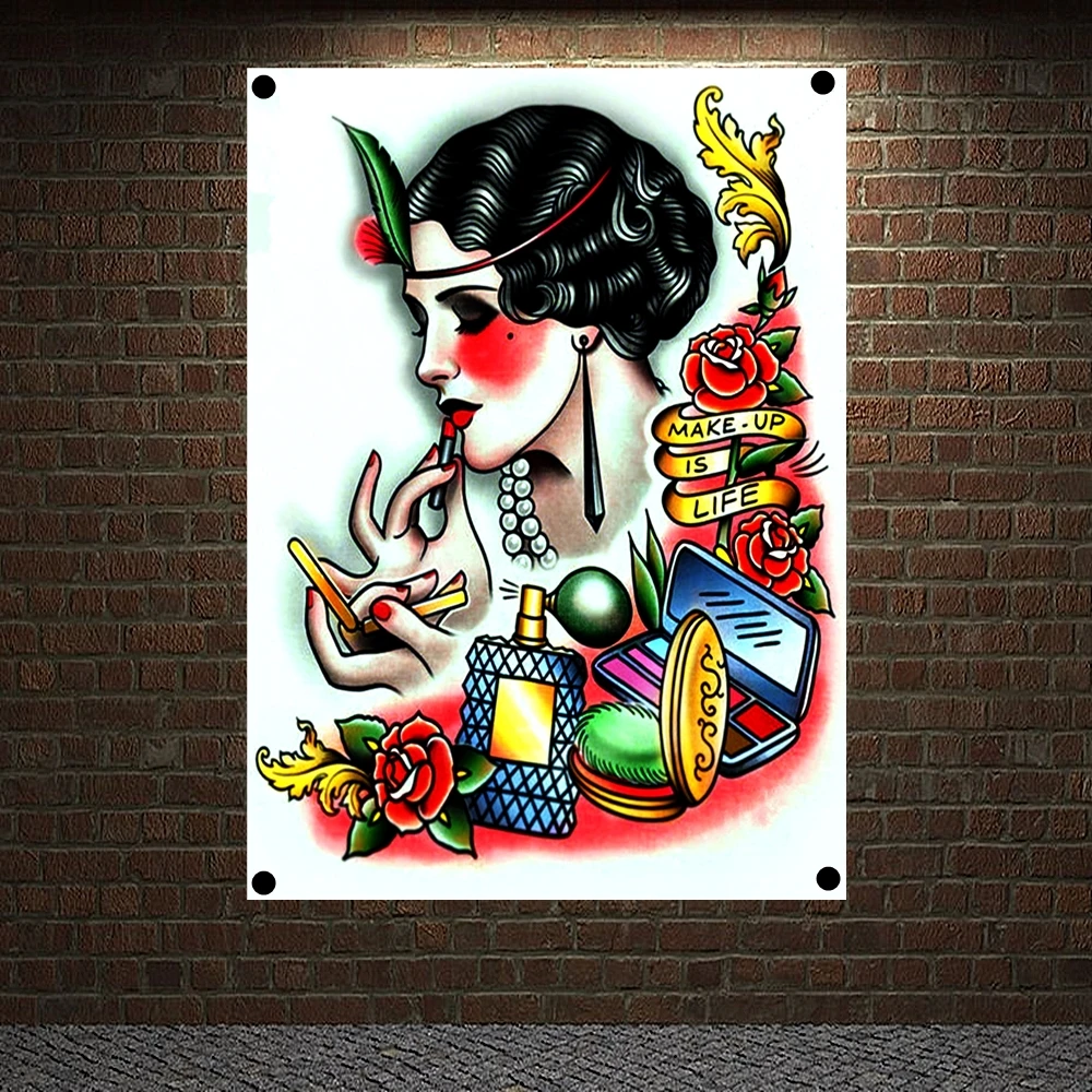 

MAKE UP IS LIFE Tattoo Banners Canvas Painting Wall Art Print Posters Home Decor Mural Hanging Flag 4 Gromments in Corners