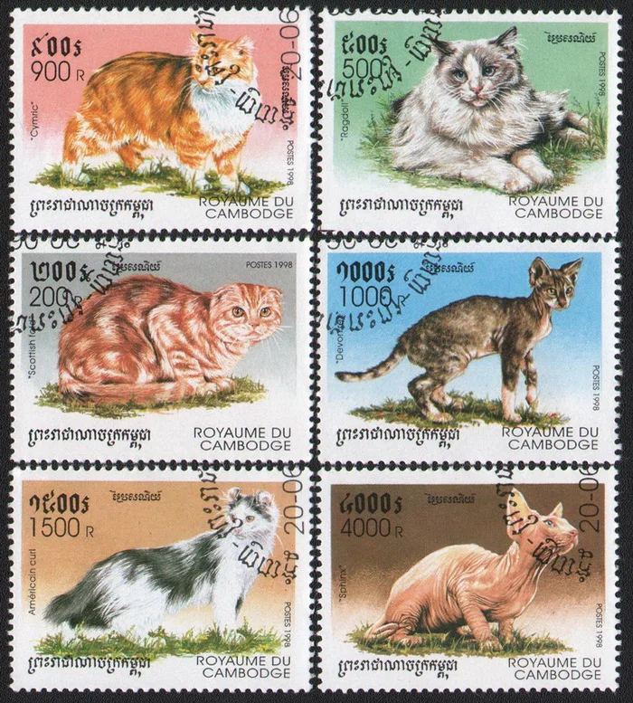 

6Pcs/Set Cambodia Post Stamps 1998 Pet Cats Used Post Marked Postage Stamps for Collecting