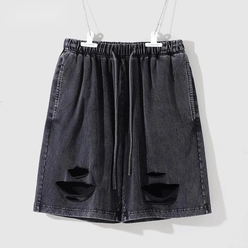 

COYOTES Ripped Elastic Waist Hip Hop Short Pants Men Summer Solid Color Fashion Cotton Casual Breeches Cargo Shorts Men Clothing