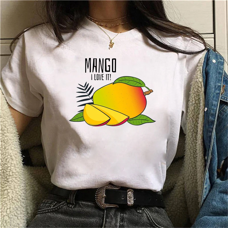 

Футболка с принтом манго, летняя новая забавная мультяшная Милая футболка с принтом лимона, шикарная Повседневная Ретро футболка с воротни...
