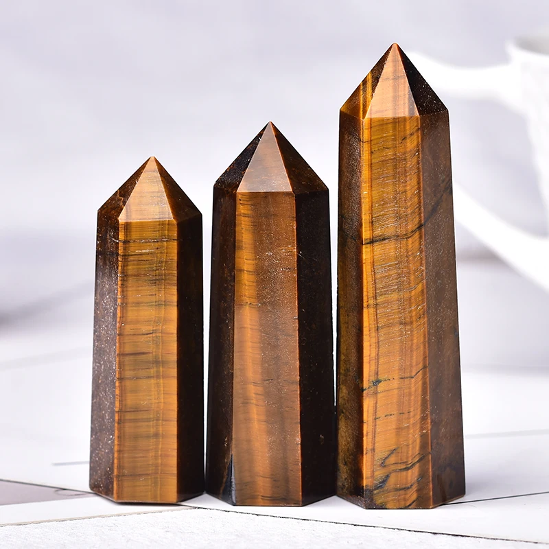 

Natural Stone Tigers Eye Quartz Crystal Point Healing Stone Hexagonal Prisms 50-80mm Obelisk Wand Treatment Home Decor DIY Gift