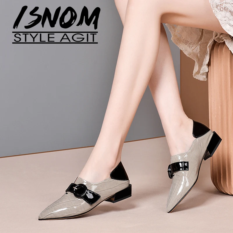 ISNOM/туфли на плоской подошве с квадратным каблуком кожаные туфли пряжкой женские