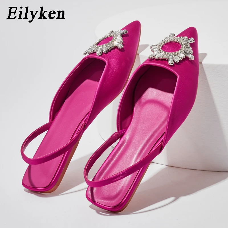 

Eilyken New Fashion Brand Crystal Buckle Designer Pumps Shoes Pointed Toe Slingback Slip On Mules Ladies Dress Flat Sandals