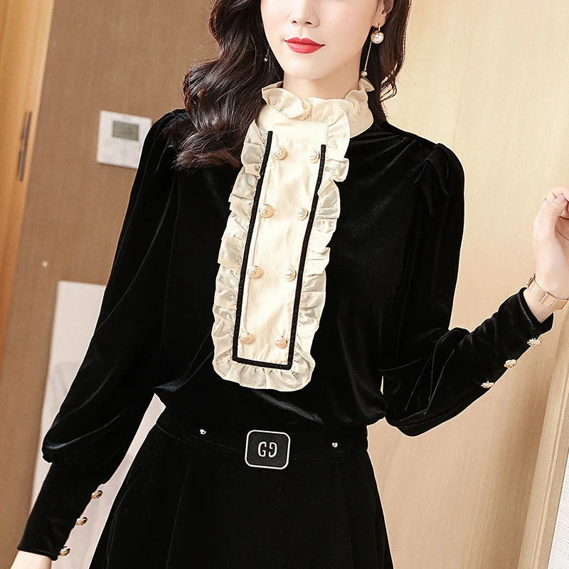

Black Golden Velvet Top Women's 2021 Autumn And Winter New Fashion Wood Ear Edge Stand Collar Splicing Velvet Bottoming Shirt